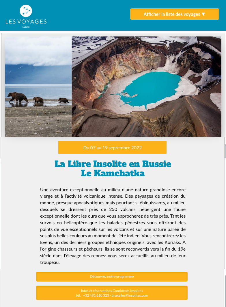 Page Internet. lesvoyagesdelalibre.be. Continents insolites. La Libre Insolite en Russie - Le Kamchatka. 2022-09-07